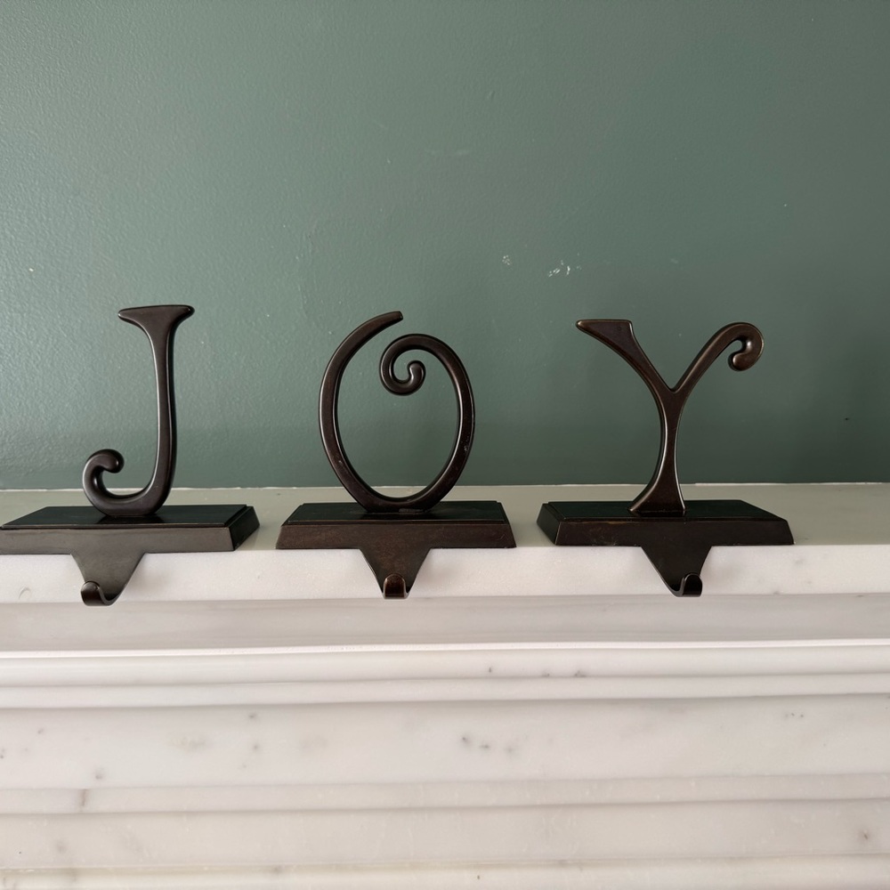 Pottery Barn oil Rubbed Bronze JOY Stocking Holder Mantle Hooks